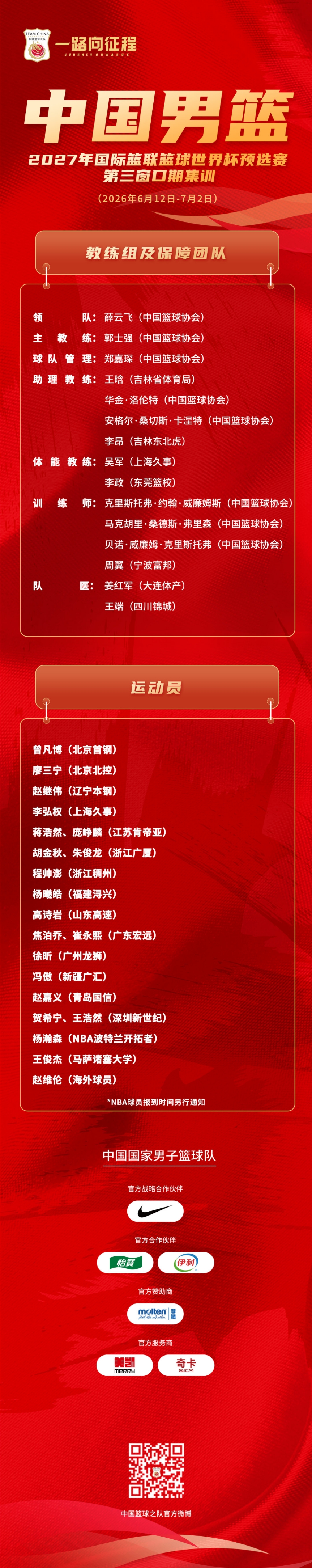 中国男篮集训21人名单公布：杨瀚森领衔，周琦赵睿缺席