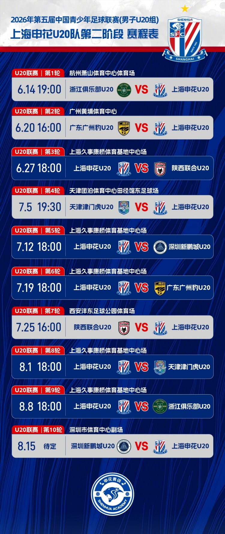 中青赛U20第二阶段赛程出炉 上海申花6月14日客战浙江 中青赛U20第二阶段赛程出炉 上海申花6月14日客战浙江