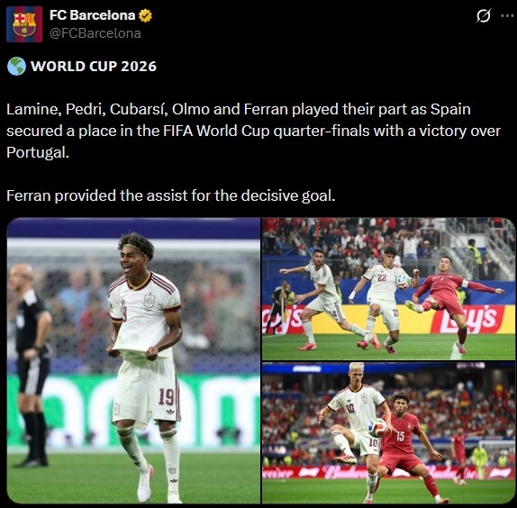 费兰·托雷斯助攻制胜球 巴萨五将助力西班牙淘汰葡萄牙