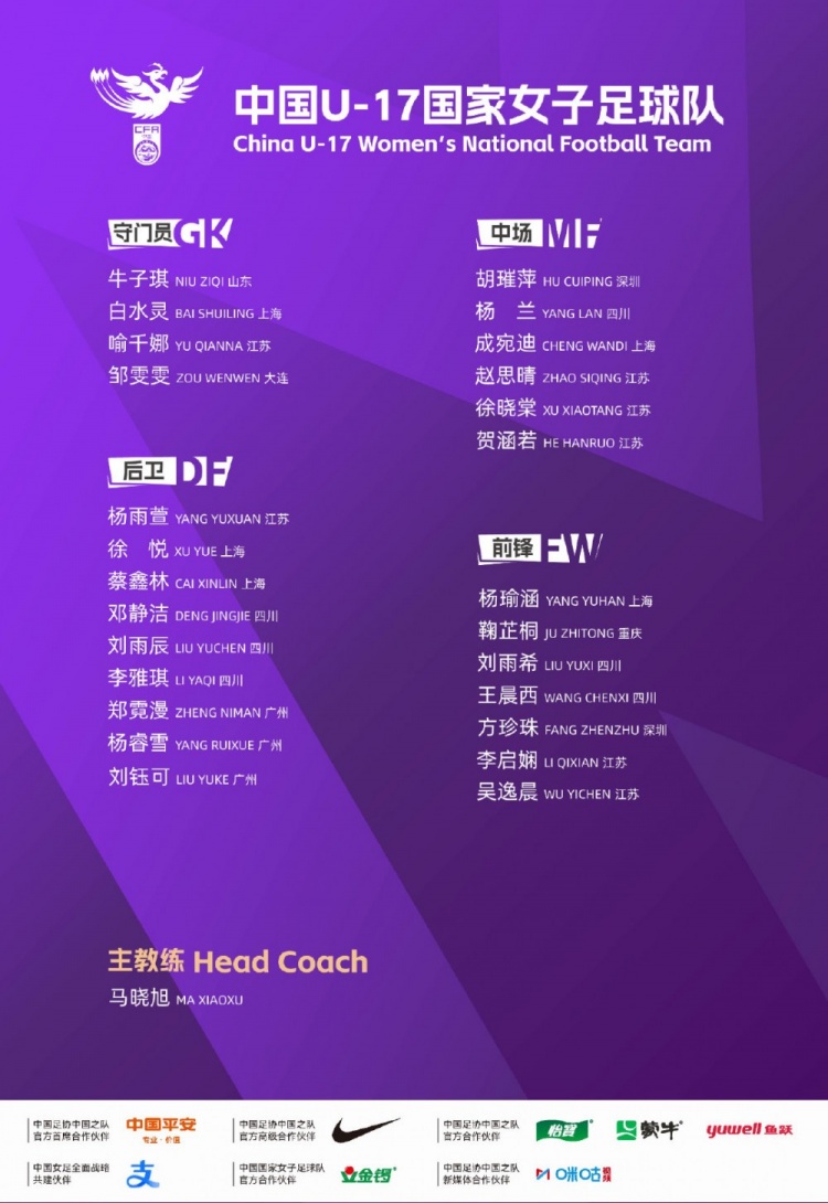 U17女足集训名单:马晓旭挂帅,刘雨辰、刘雨希在列江苏7人入选 U17女足集训名单:马晓旭挂帅,刘雨辰、刘雨希在列江苏7人入选